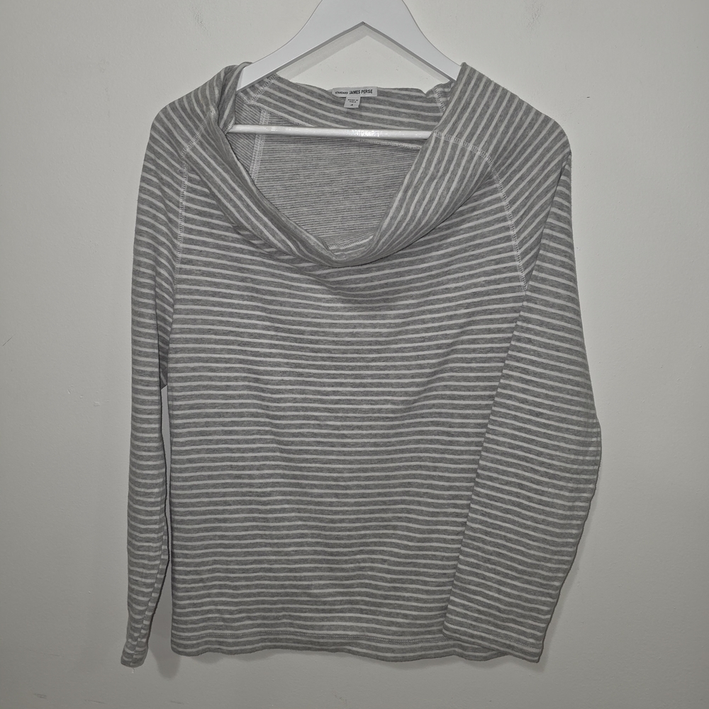 James Perse Gray and White Striped Cowl Neck Sweater XL